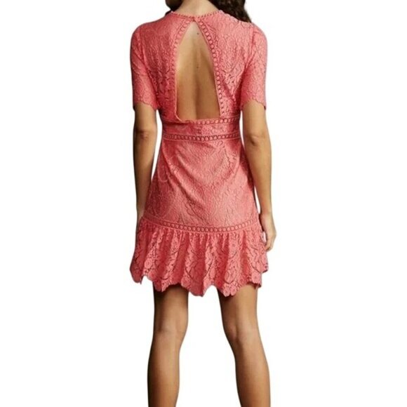 Saylor Darian Open Back Ruffle Mini Cocktail Dress Lace Crochet Coral Women XL - Picture 6 of 15